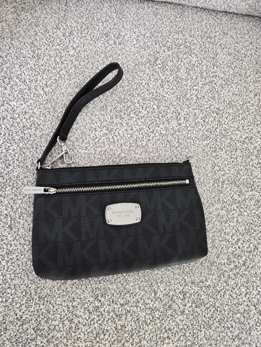 Michael Kors Black Signature Logo Wristlet with Silver Hardware
